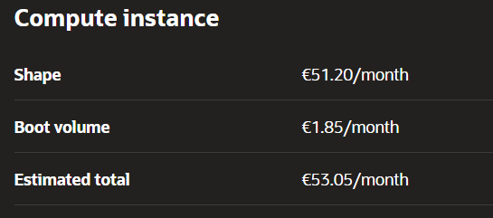 Oracle cost estimator showing approximately 53 euros per month for the Linux instance